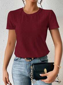 Camiseta blanca de cuello redondo con bordado de ojales, minimalista para ir a la oficina, estilo antiguo y sencillo - Burdeos - Ver 7