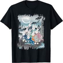 Vintage Japanese Ukiyo-E Kimono Rabbits Moon Scene T-Shirt - 黑色 - 查看 1