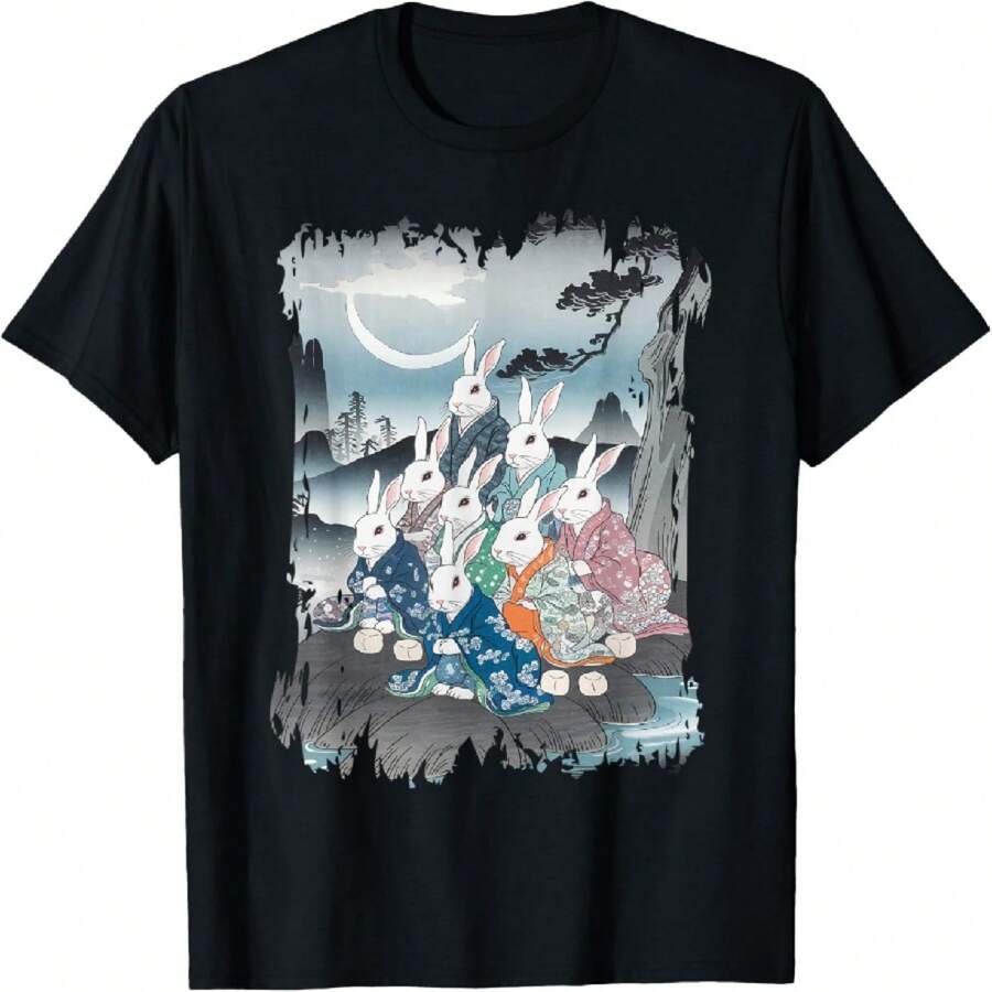 Vintage Japanese Ukiyo-E Kimono Rabbits Moon Scene T-Shirt - 黑色 - 查看 1