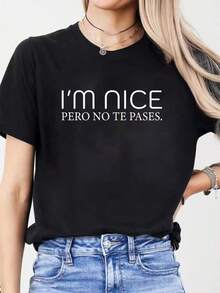 100% Algodón Premium 180g : Camiseta moderna con texto auténtico para mujer, estilo casual y divertido que marca , ideal para reuniones informales o salir con amigos; disponible en negro, talla S a XL, ropa de moda atractiva y exclusiva.. Ropa de Moda Casual Suave y Transpirable para Diario - Negro - Ver 6