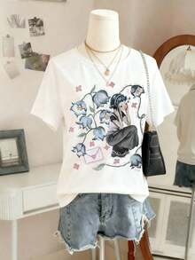 l de manga corta con cuello redondo para mujer de talla grande con bordado de flores, mariposas y borlas de perlas falsas, blusa floral blanca, adecuada para uso diario y vacaciones de verano - Blanco - Ver 3