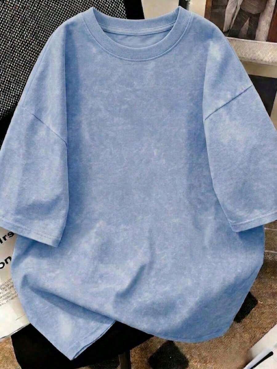 1 pieza Camiseta de mujer de manga corta con cuello redondo y estampado tie-dye de moda para verano, hecha de tela de algodón lavado, adecuada para la calle, la oficina, el campus, el uso diario, las citas, las fiestas y otras ocasiones.Corte holgado, estilo streetwear, perfecta para el atuendo de vacaciones de la mujer.Informal - azul claro - Ver 1