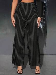 PETITE Pantalones rectos con estampado de rayas - Negro - Ver 1