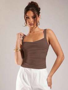 Camiseta de tirantes de unicolor minimalista para mujer - Marrón - Ver 5