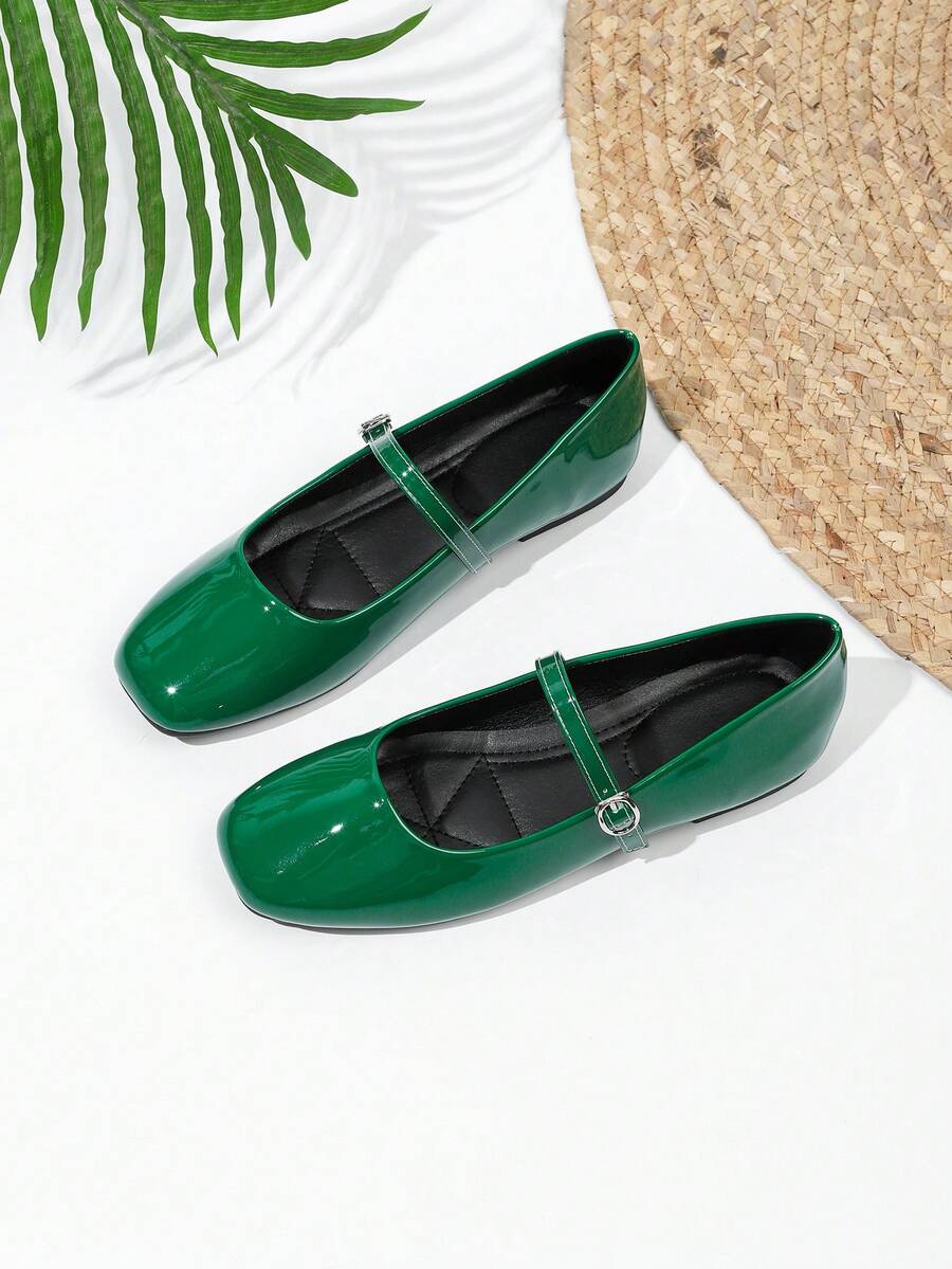 Square Toe Mary Jane Shoes, Versatile & Minimalist Commuter Shoes For Women - Dark Green - View 1