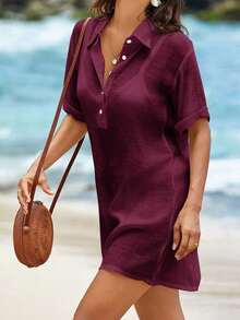 Conjunto de ropa de playa para mujer- Vestido de baño con cuello en V sin mangas como cobertor casual de playa - Burdeos - Ver 4
