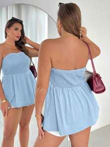Blusa sin tirantes de rayas negras y blancas, versátil, cómoda y estilizadora, para mujer talla grande, ideal para primavera/verano, vacaciones y salidas, estilo europeo de verano - Celeste - Ver 5