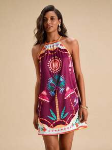 Vestido corto holgado con hombros al descubierto y estampado tejido para mujeres para vacaciones - Multicolor - Ver 5