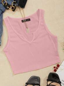 Top corto de punto acanalado de unicolor minimalista para uso casual y de oficina para mujer - Rosa - Ver 3