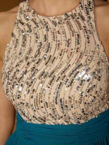Vestido de noche de cuello redondo y halter nuevo de , vestido de gasa con abertura alta y parches de lentejuelas para fiesta - Verde - Ver 7