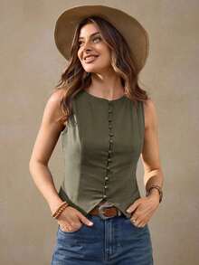 Cárdigan de algodón de color café retro francés estilo boho casual para vacaciones, parte superior de algodón marrón para oficina para mujer, vestimenta occidental, parte superior marrón, parte superior marrón para mujer, casual de negocios, blusas casuales, blusas tipo tanque estilo francés para mujer - Verde - Ver 7