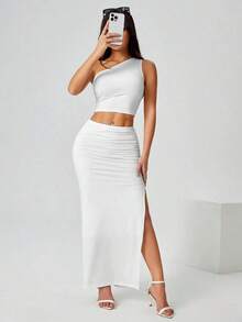 Falda negra de mujer con pliegues y abertura lateral para fiesta - Blanco - Ver 3