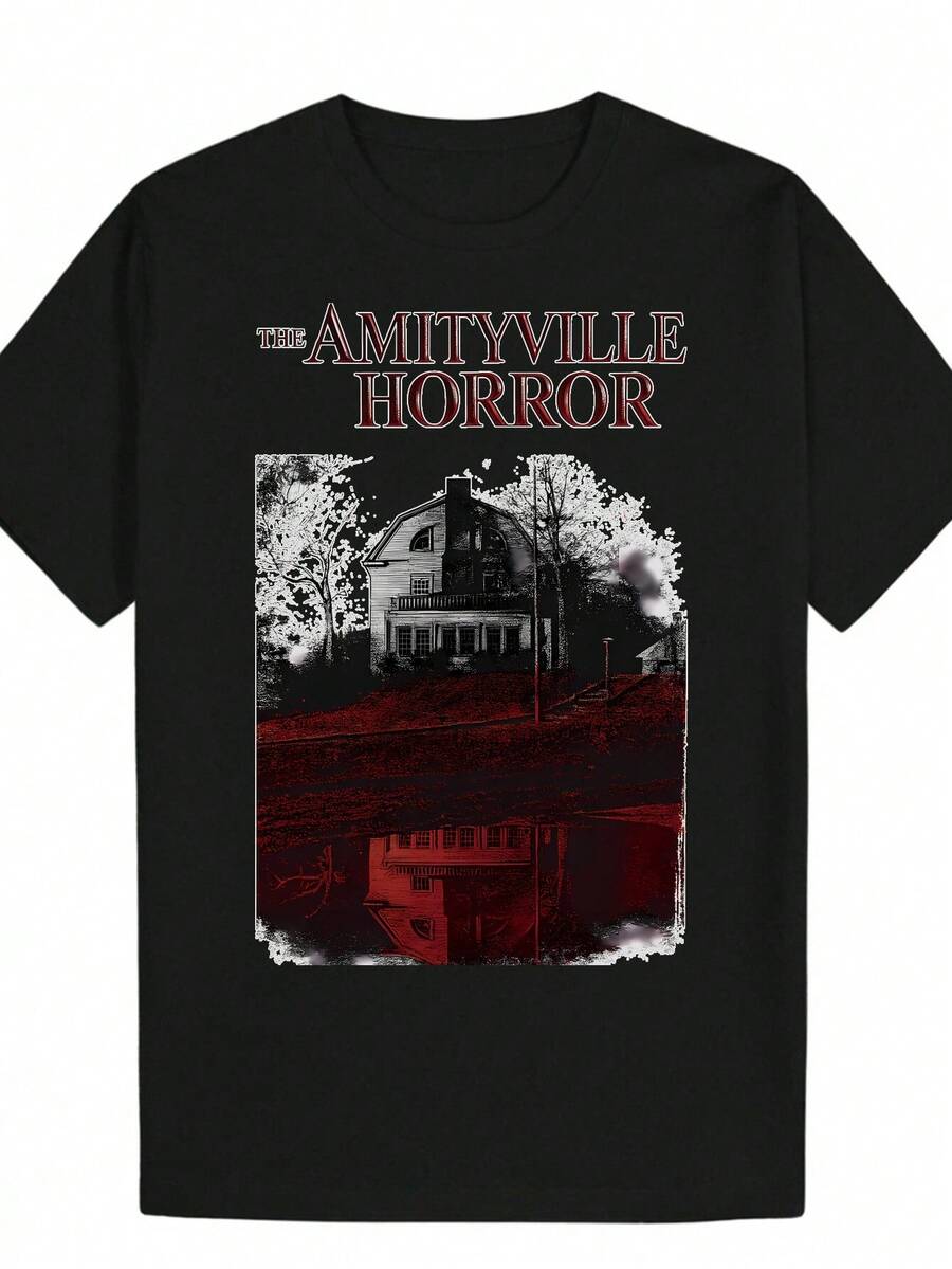 Unisex Horror Themed T-Shirt, Amityville Haunted House Graphic Design, Casual Black Crew Neck, Stretch Fabric, Summer Top For Horror Movie Fans - 黑色 - 查看 1
