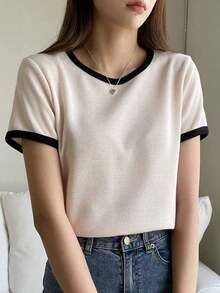 Camiseta casual de mujer de manga corta, simple y de moda para uso diario, ropa de vuelta a la escuela - Beis - Ver 3