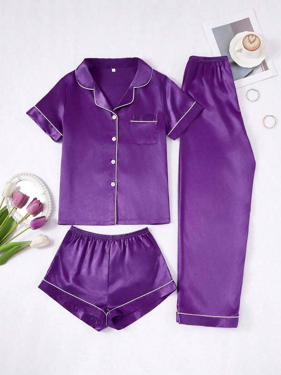 Conjunto de pijama de 3 piezas para mujer con cuello de seda falsa de unicolor y ribete contrastante - Morado - Ver 1