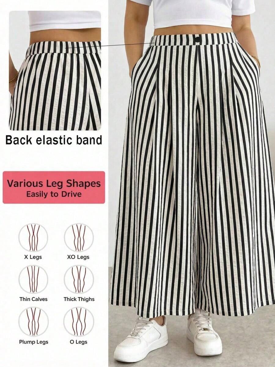 Comfortable And Loose-Fitting Elastic-Waist Pleated Shorts/Skirts, A Basic And Versatile Style For Everyday Wear, Flattering The Figure, In Apricot Color, For Plus-Size Women, For Spring/Summer - 黑白 - 查看 1