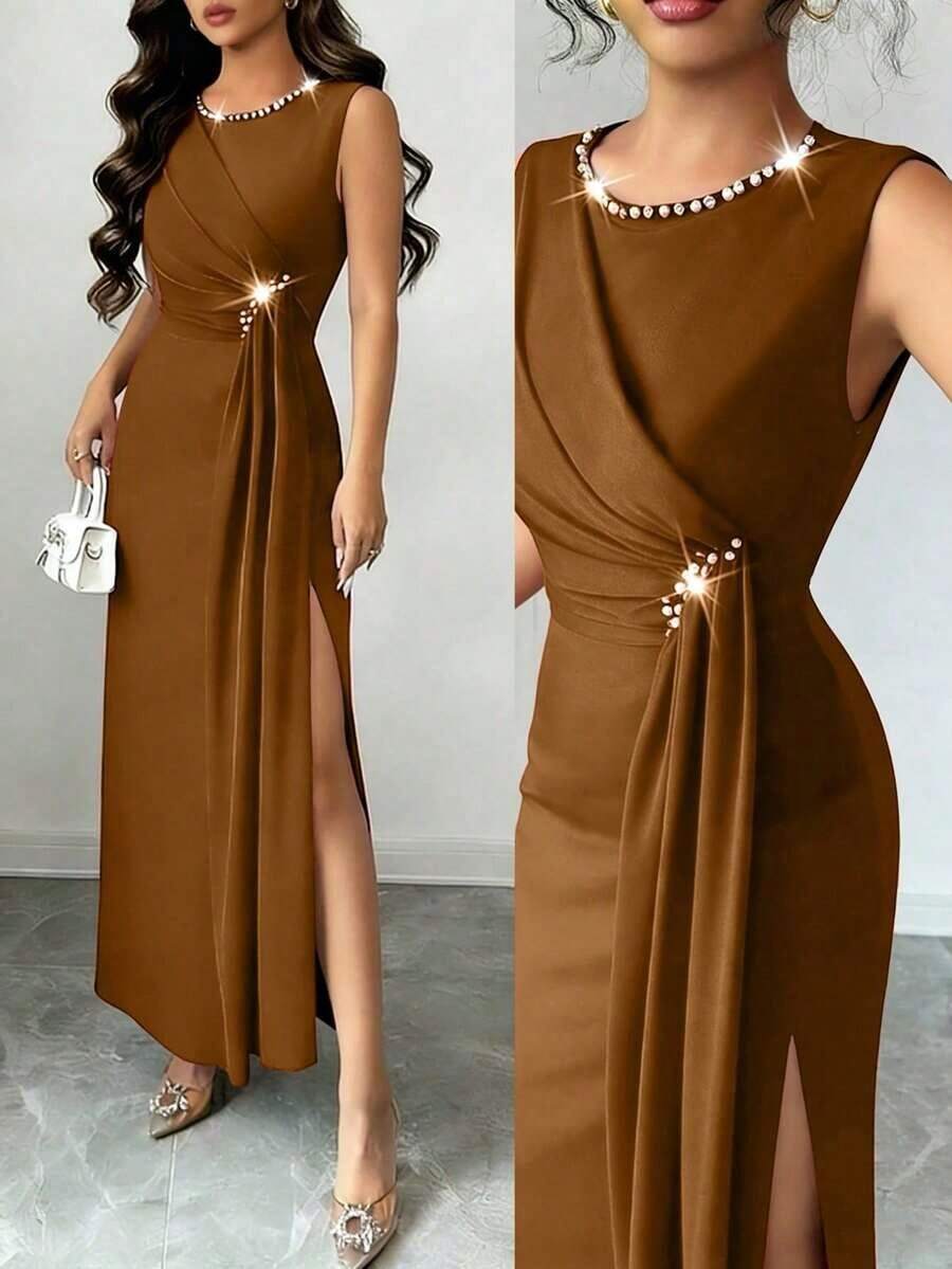 YHHRafferiza Vestido elegante de fiesta con cuentas sin mangas para mujer, vestido de noche largo de verano para eventos formalesYHH - Café integral - Ver 1