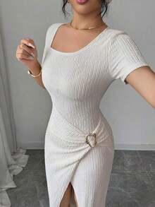 YHHElenzga Vestido largo de manga larga con cuello cuadrado irregular, botones metálicos decorativos y bajo asimétrico para estilizar la cintura, en tela texturizada color albaricoque. Elegante y sofisticado para el Día de San Valentín, Pascua, Día del Trabajo, cumpleaños, citas, fiestas, ocasiones formales, atuendo de maestra, viajes, primavera/veranoYHH - Albaricoque - Ver 3