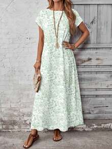 YHHEMERY ROSE Vestido largo de mujer estilo bohemio con estampado, cuello redondo, manga corta tipo murciélago, bajo acampanado, informal y multicolorYHH - Verde - Ver 5