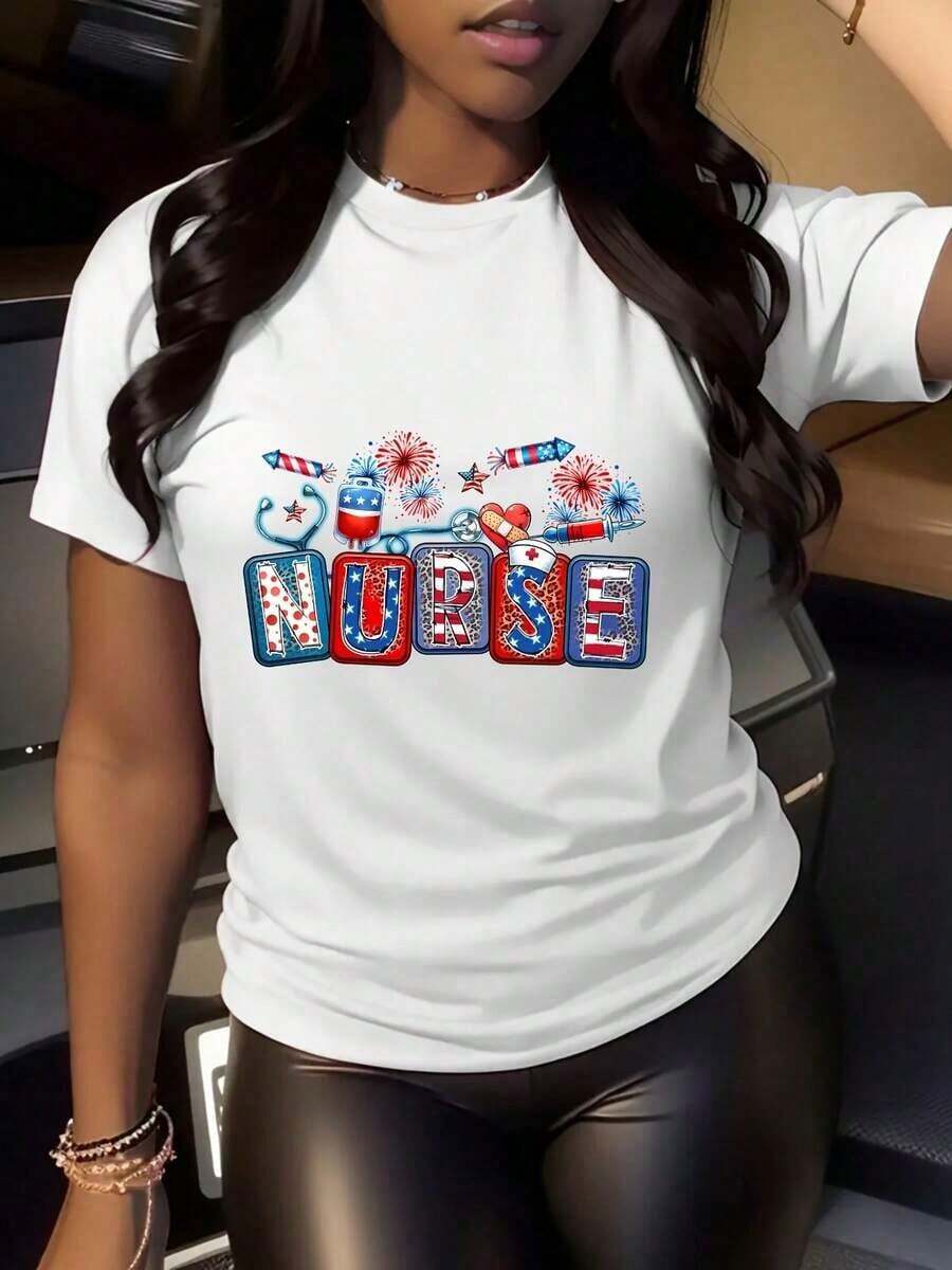 100% Cotton T-Shirt With Letter Print, Short Sleeves, Round Neck, Casual Style For Summer And Spring, Women's Clothing. - 白色 - 查看 1