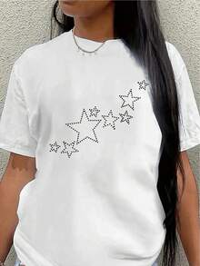 Short-Sleeve T-Shirt With Sparkling Star Design | Lightweight, Durable, Comfortable Fit, Suitable For Home, Restaurants, Or Casual Outdoor Wear, Crew Neck, Medium-Stretch Fabric. Women's Shirts - 白色 - 查看 7