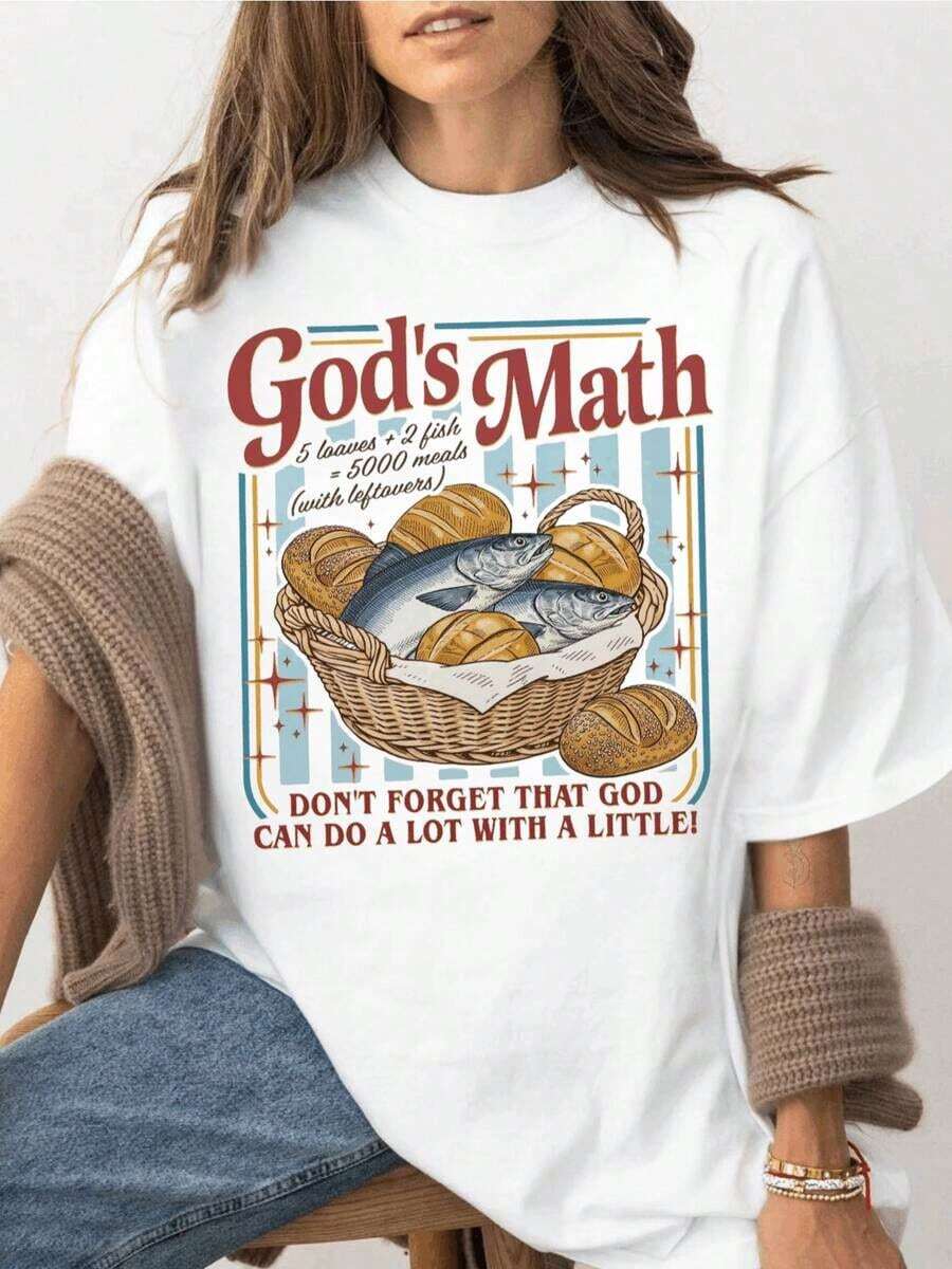 1 pieza de camiseta vintage de los 90s Y2K para mujer - Camiseta de manga corta con cuello redondo 100% suave con estampado "God's Math" para amantes cristianos, camiseta basada en la fe "Pan y Peces", "Dios puede hacer mucho con poco", ropa religiosa, camiseta casual de manga corta con cuello redondo para primavera y verano, ropa de mujer - Ajuste cómodo para todas las estaciones, tallas S-2XL, 180g, 100% algodón, todos los diseños están impresos. Unisexo. - Estilo-1 - Ver 1