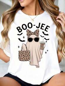 Women's Tops, Graphic Tees, Halloween "BOO-" Leopard Ghost T-Shirt With Fun Oversized Graphics, Sunglasses, Handbag And Drink Design For The Spooky Season, Cotton Summer Tops, Women's Cotton T-Shirts - 白色 - 查看 7