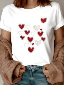 Corazones rojos rodeados de perlas que simbolizan amor puro conexión y ternura expresando sentimientos sinceros con un toque romántico y elegante camiseta de mujer casual blanca cómoda para uso diario - Blanco - Ver 8