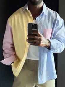 Men's Fashion Lightweight Striped Patchwork Candy Color Long Sleeve Shirt, Suitable For Daily Casual, Outing And Commuting - Multicolor - View 1