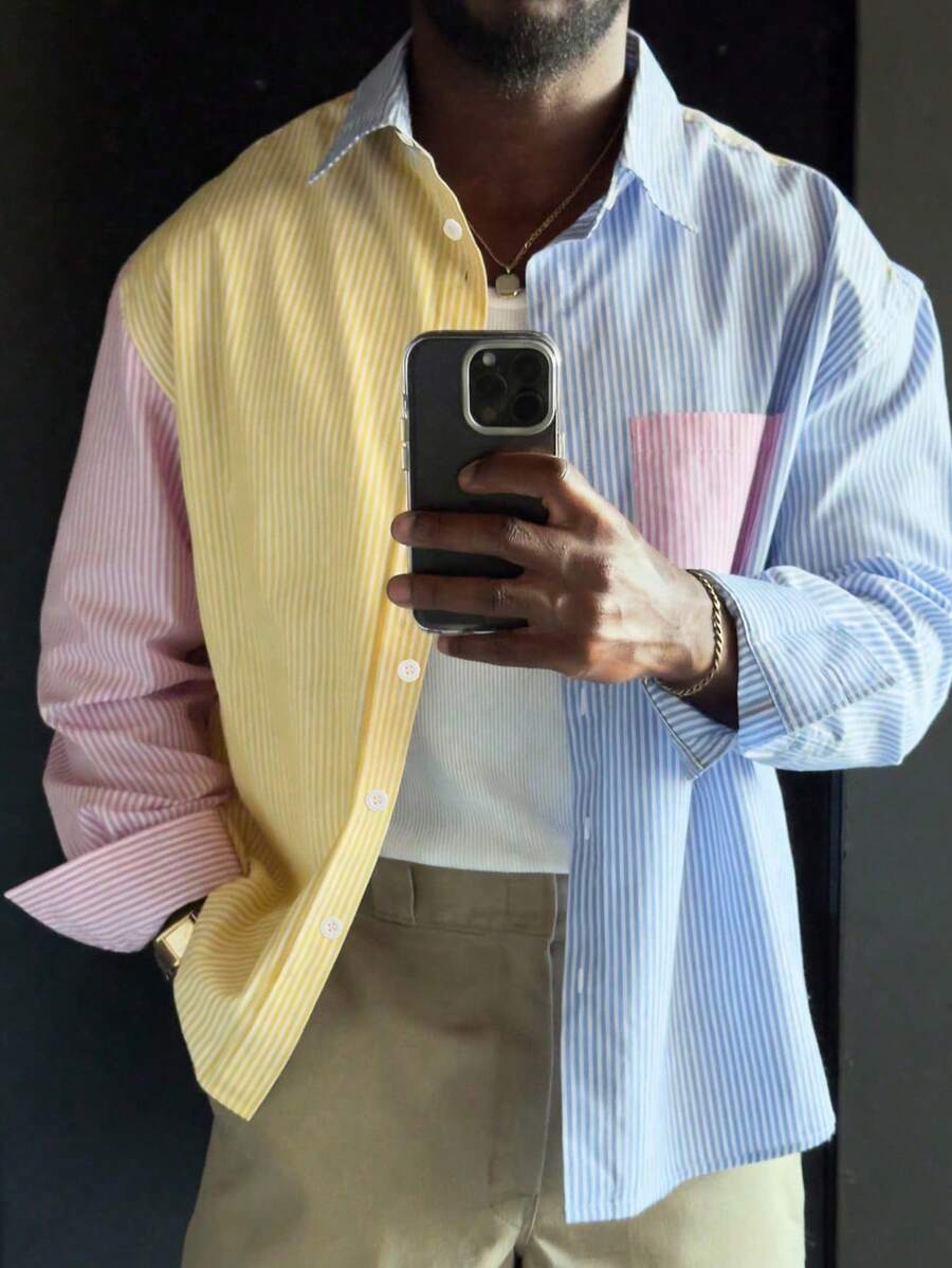 Men's Fashion Lightweight Striped Patchwork Candy Color Long Sleeve Shirt, Suitable For Daily Casual, Outing And Commuting - Multicolor - View 1
