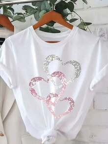 Camiseta transpirable con estampado de corazones rosa plateado, manga corta, cuello redondo, top casual para mujer, primavera/verano, camiseta gráfica, camisetas gráficas para mujer, camiseta de verano, camiseta casual, camisetas de verano, tops, conjuntos de verano para mujer, playeras de mujer algodón,  mujer premium. - Blanco - Ver 7