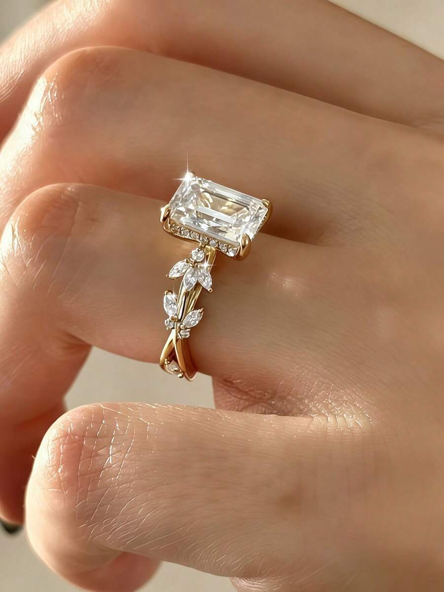 1pc Cubic Zirconia Inlaid Sparkling Ring, Suitable For Women's Daily Wear, Engagement, Wedding - Yellow Gold - View 1