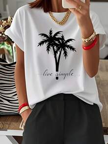 Comfortable Print. 1 Women's Black T-Shirt With A Tropical Palm Tree Design, Short Sleeves, Perfect For Casual Beach Outings, Recommended As A Mother's Day And Father's Day Gift. This Soft Summer Essential Features A Digital Print And A Relaxed Fit. Simple And Casual Summer Top. - 白色 - 查看 12