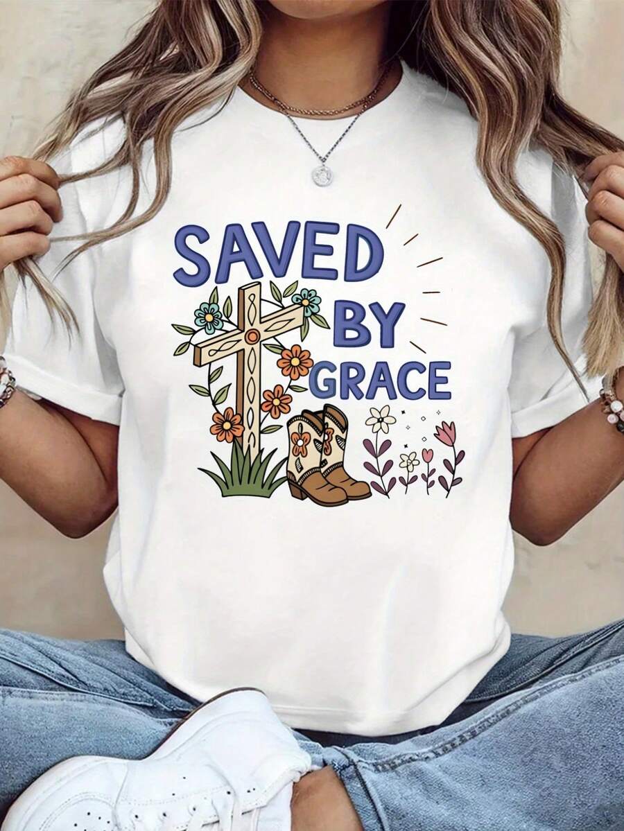 Camiseta Casual de Verano para MujerInformaldeVeranoparaMujer-CamisetaconCruzCristianaparaMujer-Superiordemangacortaconestampadodecruzybotas,adecuadaparausocasualregalosdePascua,HalloweenAccióndeGracias.transpirableylavableamáquinaidealparaconjuntos de ropadeiglesiayusodiariocómodo. - Blanco - Ver 1