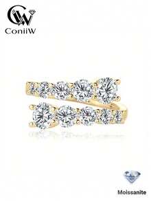 ConiiW 3.36克拉圓形莫桑石開口戒指，925純銀，中性款，適合日常配戴、宴會與派對 - 金色 - 查看 2