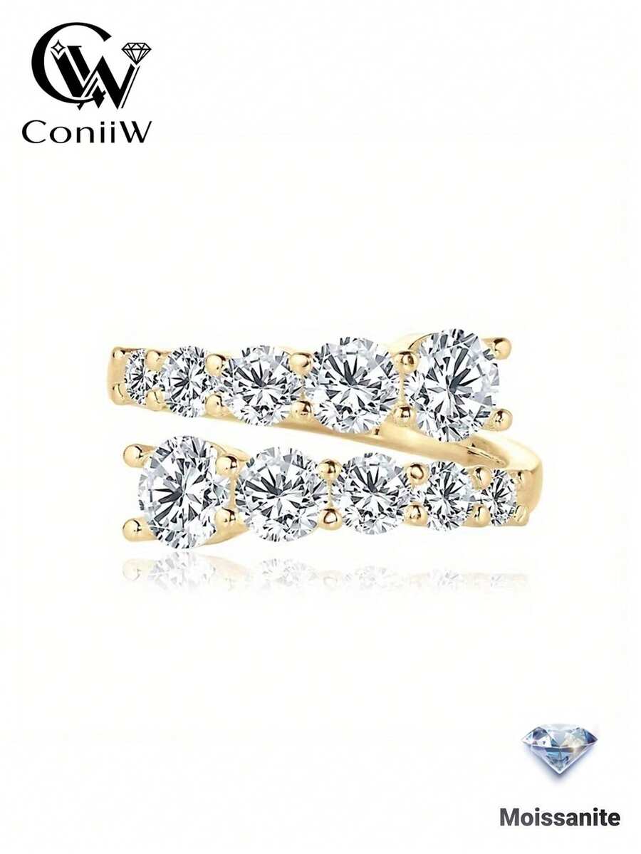 ConiiW 3.36克拉圓形莫桑石開口戒指，925純銀，中性款，適合日常配戴、宴會與派對
