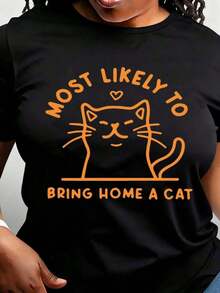 ropa de mujer Camiseta con estampado de gato y letras, top casual de manga corta con cuello redondo para primavera y verano, ropa de mujer camisas de mujer - Negro - Ver 6