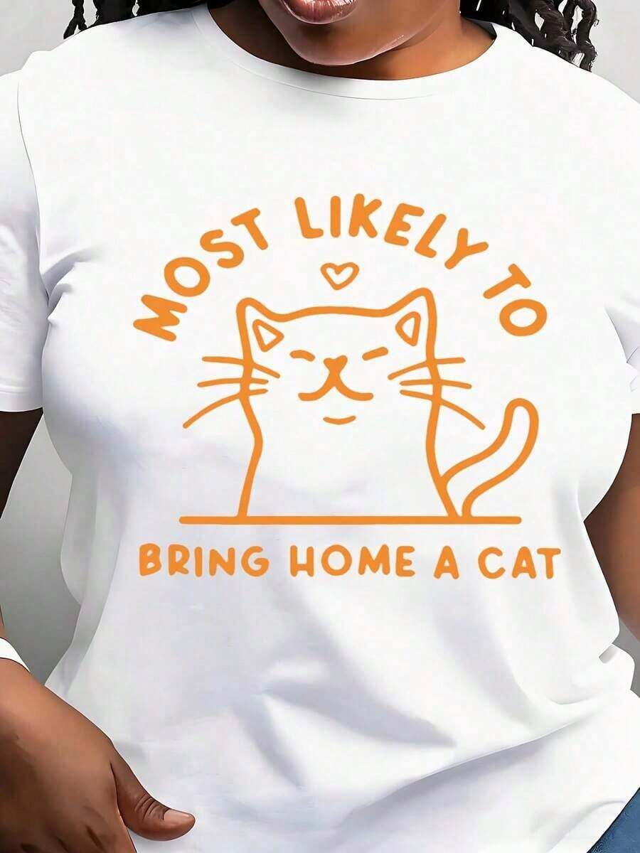 Women's Clothing Cat And Letter Print T-Shirt, Casual Short Sleeve Round Neck Top For Spring And Summer, Women's Clothing Women's Shirts - 白色 - 查看 1