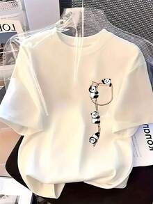 Plus Size - Plus Size - Adorable Panda Pocket T-Shirt | Fashionable White Short-Sleeved T-Shirt With A Round Neck And A Brown-Trimmed Pocket. | Unique Panda Pattern With Chain Details | Versatile And Stylish For Casual Wear | Lightweight And Comfortable, Suitable For Summer. - 白色 - 查看 5
