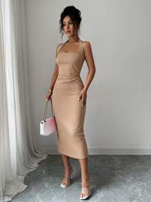 Elegant Women's Mid-Length Dress, Suitable For Vacation, Daily Gatherings, Parties And Cocktail Events Summer - Khaki - View 4