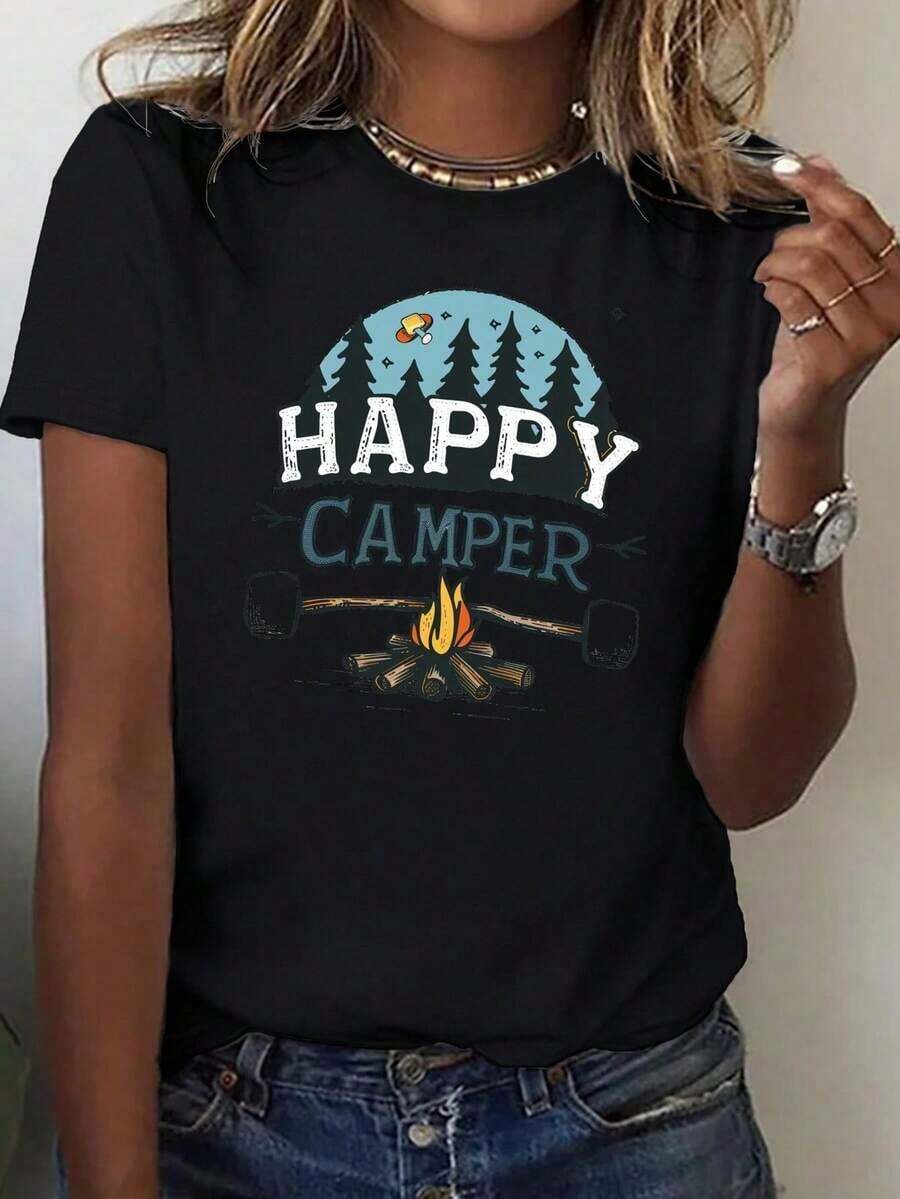Camiseta con cuello redondo estampada Happy, top de manga corta informal para correr y hacer ejercicio en primavera y verano, ropa de mujer. Adecuado como regalo. playera de mujer. blusas>elegantes. boho chic,Top de mujer suave, transpirable y cómodo, ideal para primavera, verano y otoño, perfecto para vacaciones, viajes y uso diario. - Negro - Ver 1