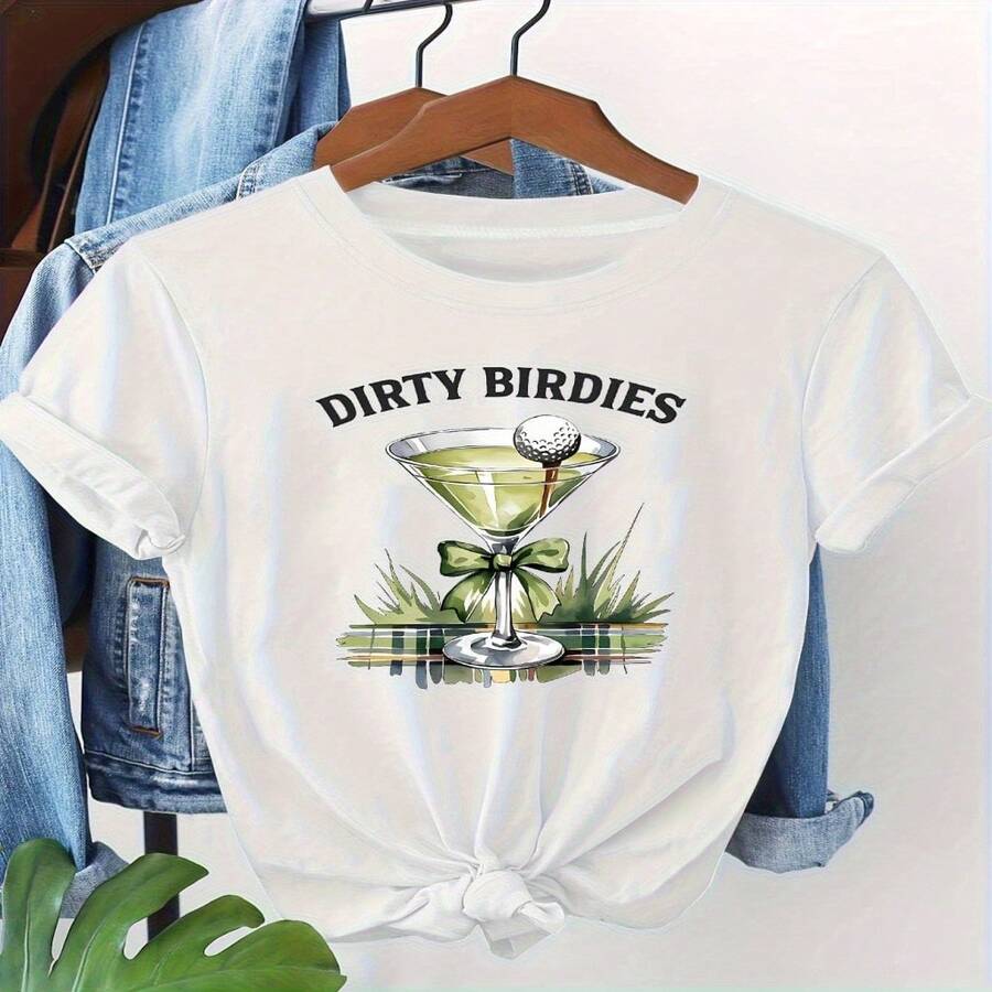 Womens Round Neck Cotton Short Sleeve Regular Sexy Casual Elegant T-Shirt Golf Dirty Birdies Martini Graphic - 白色 - 查看 1