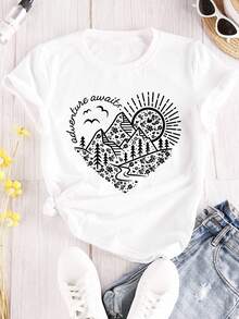 Camiseta de talla grande, cuello redondo, manga corta, con estampado floral y de corazones. Camiseta de algodón, blusas elegantes para dama. - Blanco - Ver 2
