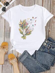 1 Funny Floral Sewing Print T-Shirt, Seed Pod Design T-Shirt With Sewing Materials, Floral Shirt With Lace And Buttons, T-Shirt For Crafters And Sewing Enthusiasts, Breathable And Machine Washable Summer Clothes For Women, Casual And Versatile Style, 180g 100% Cotton. - 白色 - 查看 2