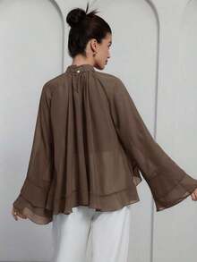 Blusa elegante y lujosa de gasa con volantes y capas en color púrpura-rojo para mujer - Gris - Ver 3