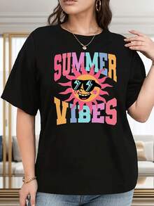 Plus Size - Women's Plus Size T-Shirt - White Casual Summer Blouse With Eye-Catching Sun Print - Lightweight T-Shirt For Everyday Wear And Vacation - Machine Washable All-Season Women's T-Shirt, Vibrant Print T-Shirt, Comfortable Fabric - 黑色 - 查看 5