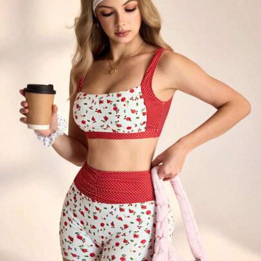 WanderVale 2pcs Women Floral & Polka Dot Print Cute Sweet Casual Sports Vest And Shorts Yoga Set Women's Swimsuit 2 Pieces Women's Swimsuits Two Pieces Swimwear Tummy Control Swimsuit Yacht Outfit Women Women Summer Outfits 2 Pieces Women Two Pieces Women's Summer Co Ord Women 2 Pieces Outfit Casual Women Vacation Outfit Sets - Rojo - Ver 1