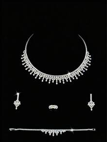 1 Set de Collar con Borlas de Lágrima de Circonita Cúbica (CZ) de Corte Mixto Bicolor, Conjunto de Lujo Brillante con Collar, Aretes, Anillo y Pulsera a Juego, Adecuado para Bodas, Fiestas, Bailes, Banquetes y Otras Ocasiones Formales - Multicolor - Ver 2