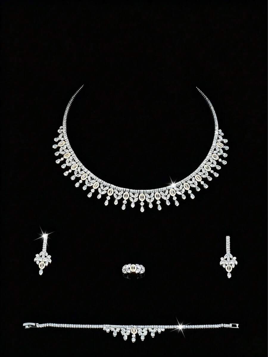 1 Set de Collar con Borlas de Lágrima de Circonita Cúbica (CZ) de Corte Mixto Bicolor, Conjunto de Lujo Brillante con Collar, Aretes, Anillo y Pulsera a Juego, Adecuado para Bodas, Fiestas, Bailes, Banquetes y Otras Ocasiones Formales