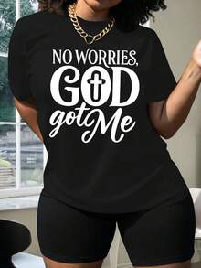 Plus Size Women's Winter Clothing, 1 Piece, For Leisure Time. Please Don't Worry, God Bless Me. T-Shirt, Short Sleeve, Round Neck, Fashionable Casual Top, Elegant Party Outfit, Valentine's Day Outfit, Valentine's Day Gift, Spring Clothing, Soft Material, Printed Shirt. Printed, Simple, Versatile, Loose Fit, Fitted Top With Round Neck. - 白色 - 查看 8